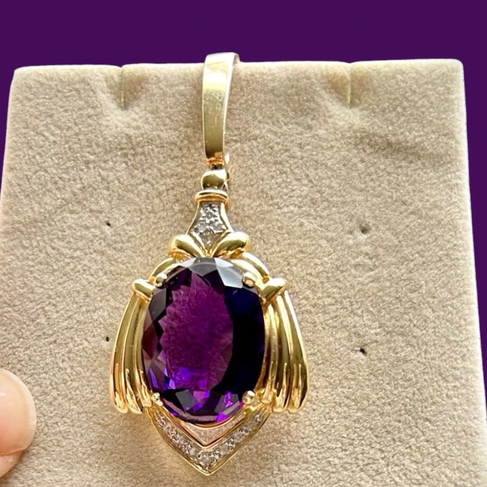 Oversized Zambian Amethyst & Diamond 14K Gold Enhancer Pendant